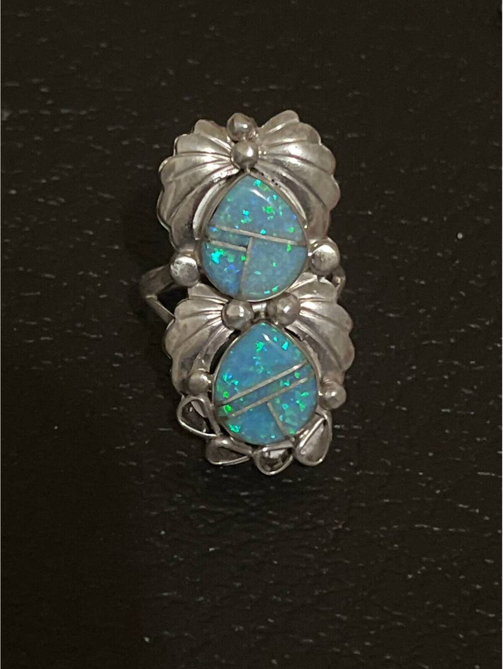 Native American Navajo handmade sterling silver inlay opal ring size 9
